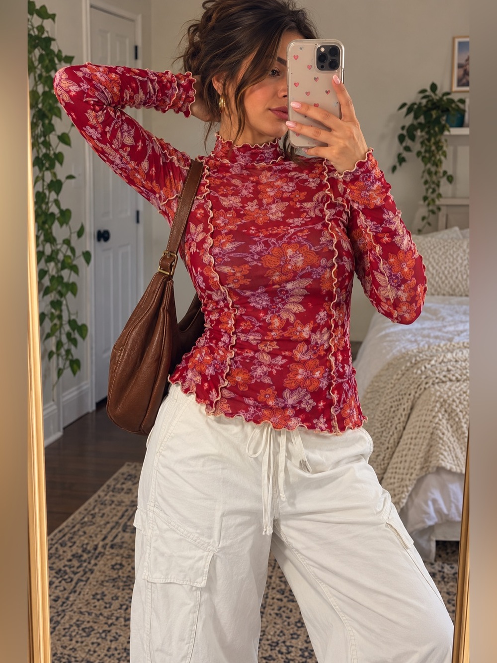Free People Charlie Printed Mesh Top XL Red Floral Sheer Mock Neck